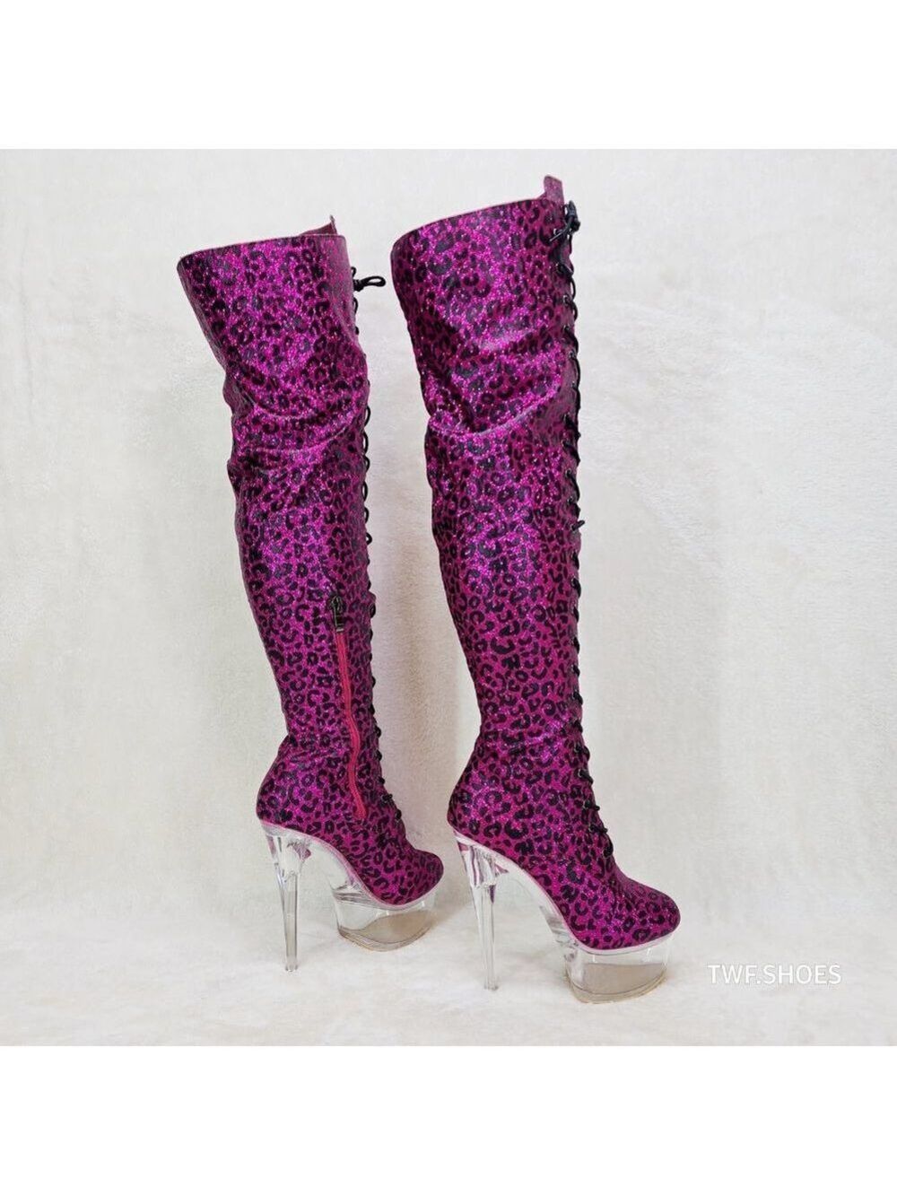 Good Will Bulls Hot Pink Leopard Glitter OTK Clear Platform High Heel Boots